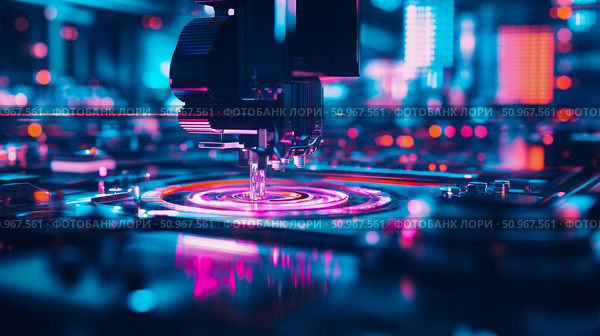 A high-tech robotic machine precisely interacting with a glowing data chip, illustrating advanced scientific research and industrial automation. Стоковое AI-изображение, AI-художник Данила Большаков / Фотобанк Лори