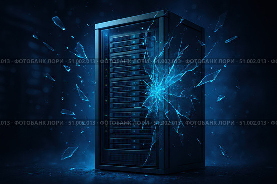 A High-Tech Server Tower Fragmented by a Mysterious Blue Force, Surrounded by Glimmering Shards in a Dimly Lit Digital Environment. Стоковое AI-изображение, AI-художник Башкирова Анна / Фотобанк Лори
