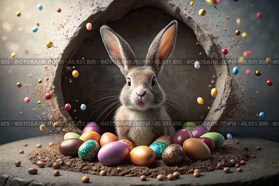 A holiday banner. A cute Easter bunny is peeking out of a hole with colorful eggs all around. The concept of a happy Easter. Стоковое AI-изображение, AI-художник Photojuli / Фотобанк Лори