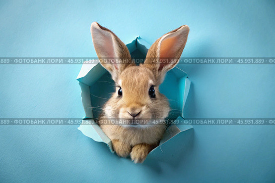 A holiday banner. A cute Easter bunny peeks out of a ragged hole. The concept of a happy Easter. Стоковое AI-изображение, AI-художник Photojuli / Фотобанк Лори