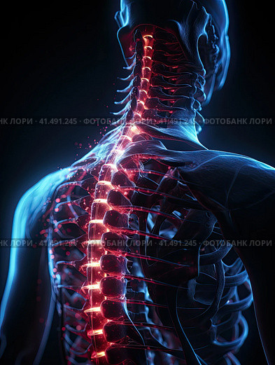 A hologram of a human body with a spine on a blue background. Generated by AI. Стоковое AI-изображение, AI-художник Ярославский Максим / Фотобанк Лори