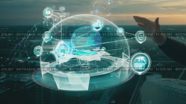 A holographic globe model is shown rotating on a platform, surrounded by digital icons, above a nighttime city. Стоковое AI-видео, аниматор Данила Большаков / Фотобанк Лори