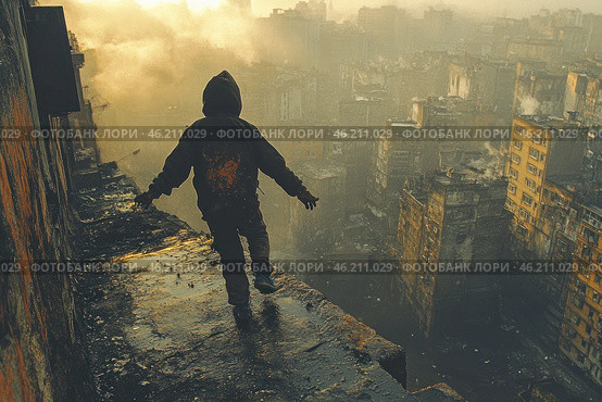 A hooded man standing on the edge of a ruined building, balancing on a cliff. He looks at an abandoned city shrouded in thick smoke and smog. Destroyed high-rise buildings, traces of fires, dirt and desolation create an atmosphere of danger and a post-apocalyptic world. There is a sense of despair in the air, but at the same time - a challenge to fate. The man looks vulnerable, but confident in his step, balancing over the abyss. Стоковое AI-изображение, AI-художник Анна Кривицкая / Фотобанк Лори