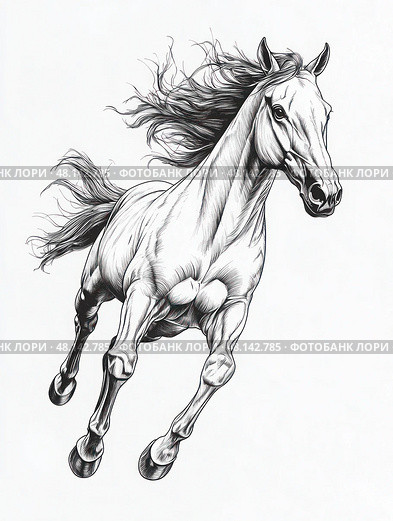 A horse is running in the air with its mane flowing behind it. Стоковое AI-изображение, AI-художник Ярославский Максим / Фотобанк Лори