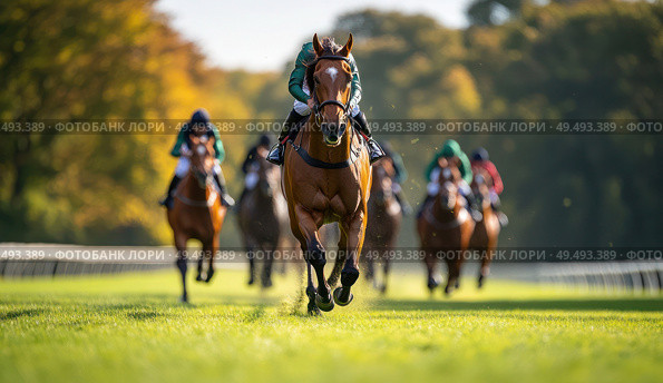 A horse race with jockeys on the horses. Стоковое AI-изображение, AI-художник Ярославский Максим / Фотобанк Лори