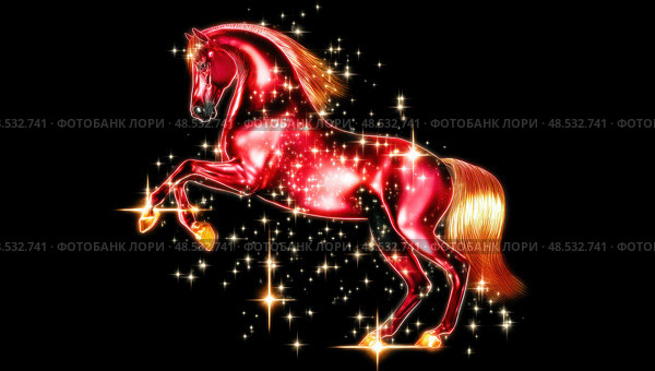 A horse with a red body and gold stars on its mane and tail. Стоковое AI-изображение, AI-художник Ярославский Максим / Фотобанк Лори