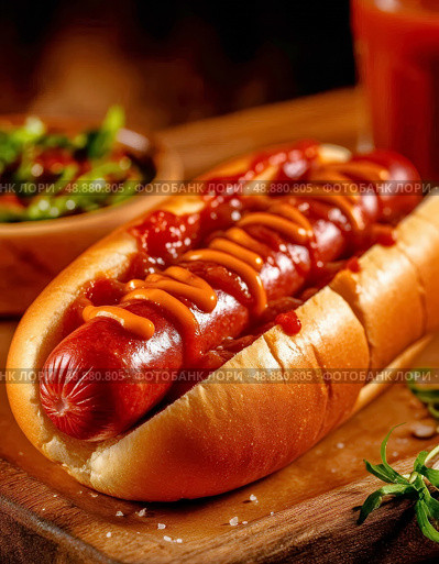 A hot dog (literally "hot dog") is a sandwich in the form of an oblong bun, into the cut of which a heated sausage, sauce and other additional components are placed. Стоковое AI-изображение, AI-художник Сергей Елизарьев / Фотобанк Лори