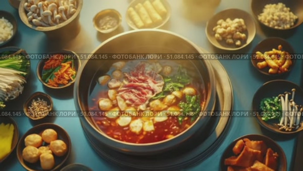 A hot pot meal with various ingredients including meat, vegetables, and seafood arranged around a central pot. Steam rises from the pot, creating a warm atmosphere. Стоковое AI-видео, аниматор Nart / Фотобанк Лори