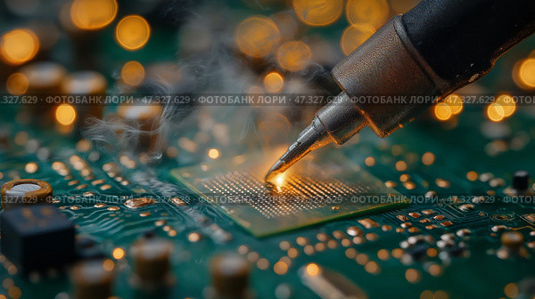 A hot soldering iron tip touching a green circuit board, faint smoke rising.  горячий наконечник паяльника касается зеленой печатной платы, поднимается слабый дым, угрюмое освещение, четкие детали. Стоковое AI-изображение, AI-художник Katsiaryna Repich / Фотобанк Лори