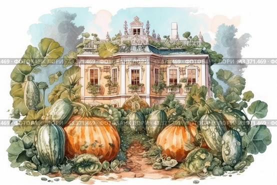 A house in the classicist style, surrounded by a large vegetable garden with large pumpkins and other pumpkin crops. The house is decorated with elegant architectural details such as carvings on the roof and balconies. In the foreground are several mature pumpkins of varying sizes and shades, nestled among green foliage. The lush vegetation of the vegetable garden contrasts with the architectural austerity of the house, creating a harmonious combination of natural and man-made. Стоковое AI-изображение, AI-художник Анна Кривицкая / Фотобанк Лори