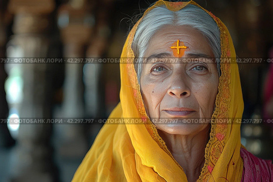 A Humble Woman with an Ashen Cross on Her Forehead: Spiritual State and Peace in a Sacred Temple. Стоковое AI-изображение, AI-художник Юрий Поздников / Фотобанк Лори