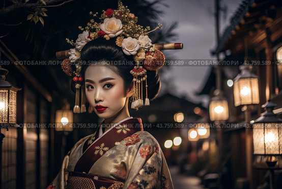 A Japanese girl in a traditional national costume - a kimono. Against the background of houses, lanterns and cherry trees. The portrait symbolizes the traditions and culture of the people of Japan. Стоковое AI-изображение, AI-художник Photojuli / Фотобанк Лори