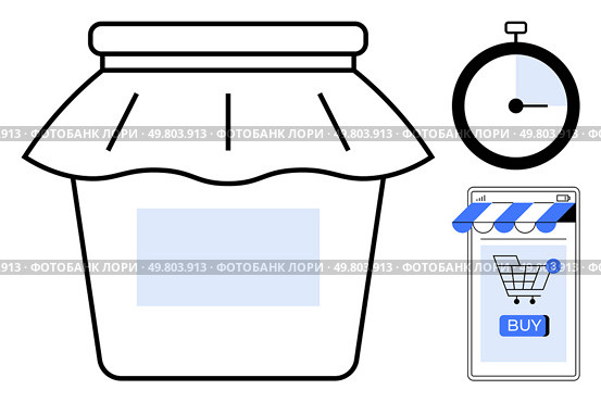 A jar of jam, a stopwatch, and a smartphone displaying an online shopping cart with a buy button Ideal for themes of online shopping, homemade goods, e-commerce, timely delivery, and digital. Online Shopping for Homemade Goods Including Jam Jars and Timely Delivery. Стоковая иллюстрация, агентство Ingram Publishing / Фотобанк Лори