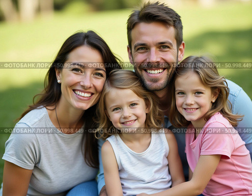 A joyful family gathers in a sunny park, with the parents happily embracing their two daughters. They share laughter, smiles, and a moment of togetherness in natures beauty Generative AI. Стоковое AI-изображение, AI-художник Юлия Петровская / Фотобанк Лори