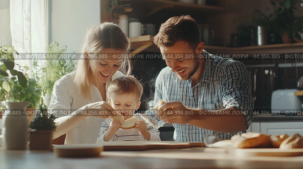 A joyful family prepares food together in a cozy kitchen during a sunny afternoon, sharing laughter and creating memories. Стоковое AI-изображение, AI-художник Сергей Толмачёв / Фотобанк Лори