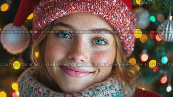 A joyful girl with freckles and blue eyes smiles warmly while surrounded by a beautifully lit Christmas tree adorned with ornaments. Стоковое AI-видео, аниматор Данила Большаков / Фотобанк Лори