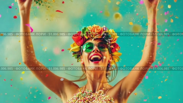 A joyful participant dressed in bright colors expresses happiness by throwing confetti in a lively summer event celebration. Стоковое AI-видео, аниматор Данила Большаков / Фотобанк Лори