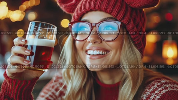 A joyful young woman smiles brightly while holding a festive drink in a warm, decorated environment during the holiday season. Стоковое AI-видео, аниматор Данила Большаков / Фотобанк Лори