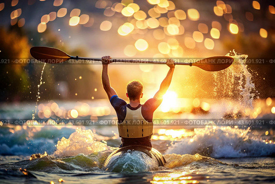 A kayaker celebrates his victory with an oar in his hands on a blurred background of the river. Kayaker at the Summer Olympics. Стоковое AI-изображение, AI-художник Photojuli / Фотобанк Лори