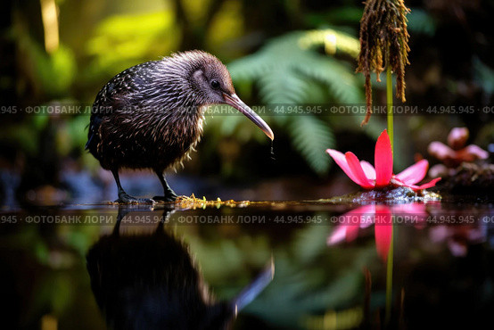 A kiwi bird, small and fascinating, strolls through the lush New Zealand forest. Стоковое AI-изображение, AI-художник Veniamin Kraskov / Фотобанк Лори