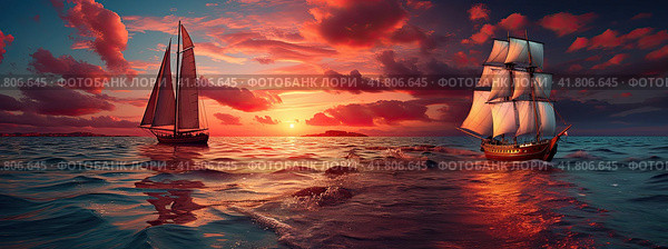 A landscape with a fabulous sunset on the sea and two sailboats. Generated by AI. Стоковое AI-изображение, AI-художник Ярославский Максим / Фотобанк Лори