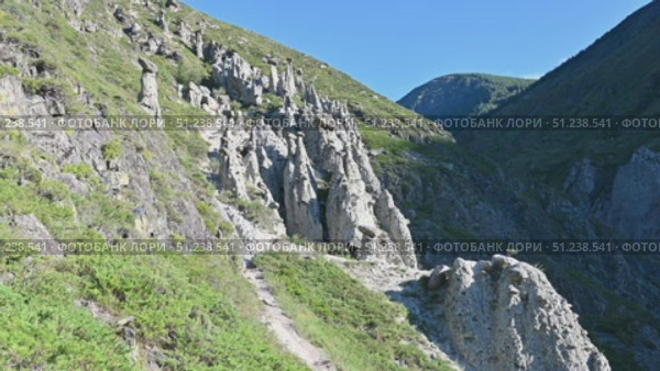 A landscape with a unique natural phenomenon of Stone Mushrooms. Altai Republic, Russia. Стоковое видео, видеограф Алексей Кузнецов / Фотобанк Лори