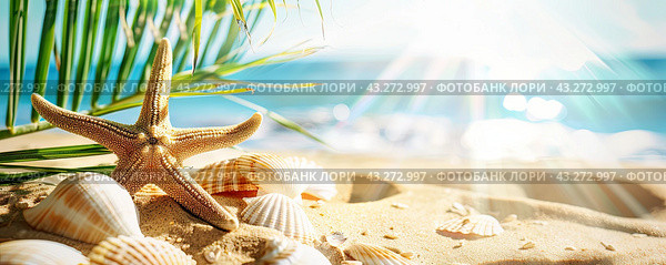 A landscape with sea surf, seashells and a sunny beach. Copy space. The concept of summer holidays. Стоковое AI-изображение, AI-художник Ярославский Максим / Фотобанк Лори