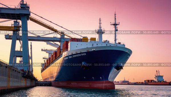 A large blue ship is docked at a pier. Стоковое AI-изображение, AI-художник Ярославский Максим / Фотобанк Лори