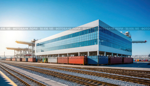 A large building with a lot of windows and a lot of cargo containers. Стоковое AI-изображение, AI-художник Ярославский Максим / Фотобанк Лори