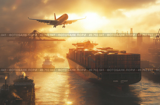 A large cargo ship is flying over a city with a large airplane in the sky. Стоковое AI-изображение, AI-художник Ярославский Максим / Фотобанк Лори