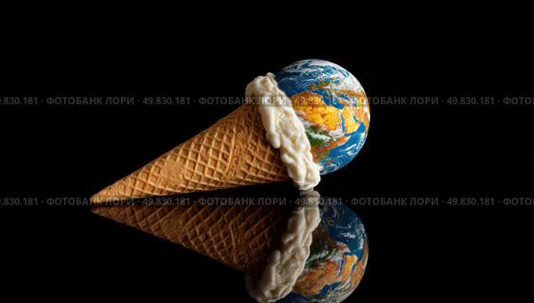A large ice cream cone with a globe on top. Стоковое AI-изображение, AI-художник Ярославский Максим / Фотобанк Лори