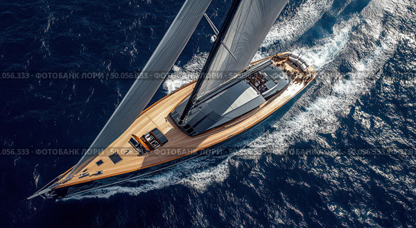 A large sailboat is sailing in the ocean with a blue sky in the background. Стоковое AI-изображение, AI-художник Ярославский Максим / Фотобанк Лори