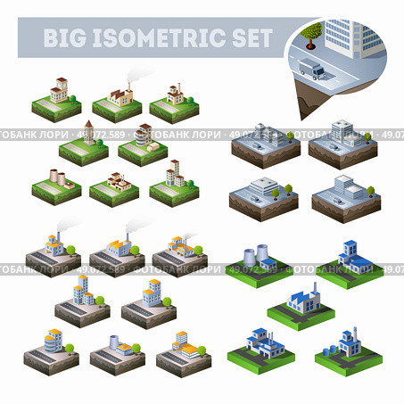 A large set of isometric city map with lots of buildings, skyscrapers, roads and factories. Стоковая иллюстрация, агентство Ingram Publishing / Фотобанк Лори