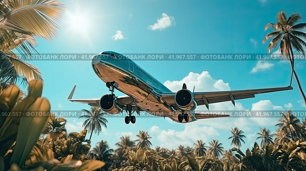 A large white liner flies low over the palm trees. The concept of a summer vacation. Стоковое AI-изображение, AI-художник Ярославский Максим / Фотобанк Лори