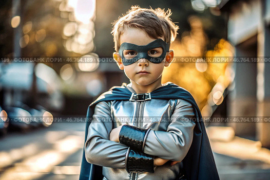 A little boy in a superhero costume outdoors on the street. A child with superpowers. Hero. Costume party. Стоковое AI-изображение, AI-художник Photojuli / Фотобанк Лори