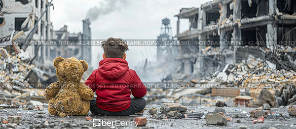 A little boy looks from behind at the destroyed houses of his city. Portrait of a homeless boy on the ruins of his destroyed house. Стоковое AI-изображение, AI-художник Ярославский Максим / Фотобанк Лори