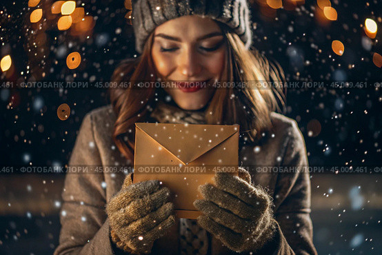 A little girl in winter clothes holding an envelope outside in snowy weather against the background of lights. A letter for Santa Claus. The winter atmosphere of a festive invitation. Стоковое AI-изображение, AI-художник Photojuli / Фотобанк Лори