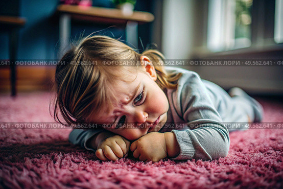 A little girl is lying on the floor. Childish hysteria. The child screams, sobs, gets cranky and gets hysterical. Discontent. Стоковое AI-изображение, AI-художник Photojuli / Фотобанк Лори