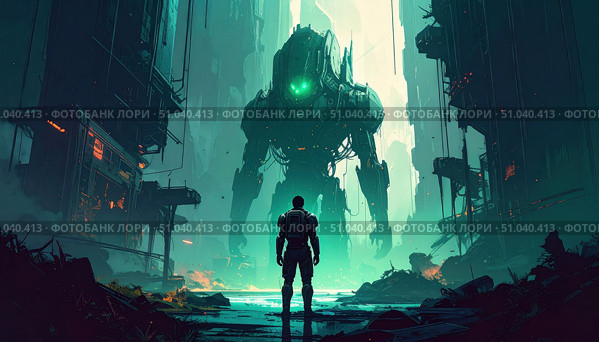 A lone figure in a futuristic suit confronts a towering robot in a post-apocalyptic city, symbolizing human resilience and the clash of man and machine. Стоковое AI-изображение, AI-художник Ольга Сухарева / Фотобанк Лори