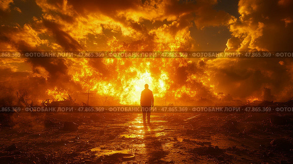A lone figure walks through a dark, desolate landscape as an intense fire burns in the background under a vibrant sunset sky filled with clouds. Стоковое AI-изображение, AI-художник Данила Большаков / Фотобанк Лори