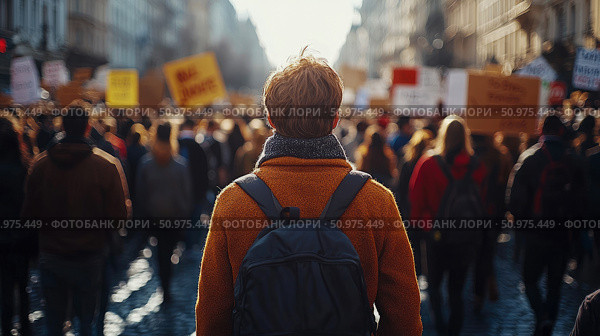 A lone individual with a backpack stands amidst a blurred crowd of protestors holding signs,their backs to the camera in a city street scene. Стоковое AI-изображение, AI-художник Данила Большаков / Фотобанк Лори
