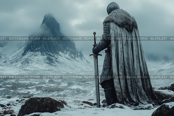 A lone knight in massive armor standing on a snowy field in front of a majestic mountain shrouded in fog. He holds a sword resting on the ground, and his long fur-trimmed cloak flutters in the wind. The atmosphere of the frame conveys a sense of epicness, loneliness and determination. Dark, cold tones emphasize the severity of the surrounding nature and the possible difficulties that this warrior has faced. The picture is reminiscent of scenes from fantasy epics and medieval legends. Стоковое AI-изображение, AI-художник Анна Кривицкая / Фотобанк Лори