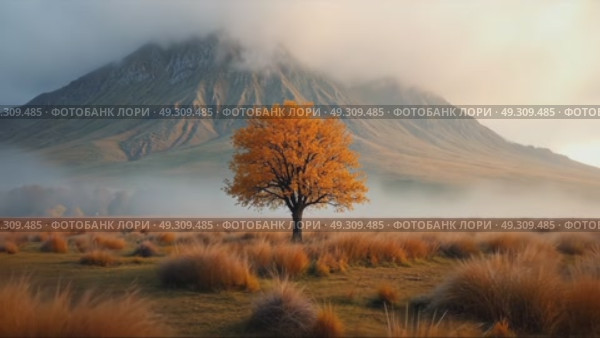 A lone tree stands in a autumn landscape, with a mist-shrouded mountain in the background. Cozy calm foggy fall morning. Strong wind movies clouds of fog. Стоковое AI-видео, аниматор Sergey Grishin / Фотобанк Лори