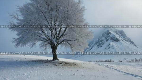 A lone tree stands in a snowy landscape, with a mist-shrouded mountain in the background. Strong stormy wind movies clouds of frozen fog. Стоковое AI-видео, аниматор Sergey Grishin / Фотобанк Лори