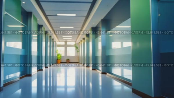 A long bright hallway in a modern building with glass walls and soft lighting, creating an inviting and open environment. Стоковое AI-видео, аниматор Igor Tichonow / Фотобанк Лори