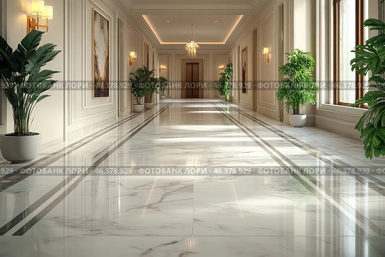 A luxurious and elegant hallway in a classic style. The floor is made of white marble with gray veins and neat geometric lines along the passage. The walls are finished with light panels with decorative moldings and decorated with art paintings in gold or wooden frames. The interior is illuminated by exquisite wall sconces with warm light and a central chandelier with crystal elements, adding shine and elegance. Tall green plants in white pots are located along the walls, giving the interior freshness and harmony. Large windows on the right fill the space with natural light, creating a cozy and airy atmosphere. Стоковое AI-изображение, AI-художник Анна Кривицкая / Фотобанк Лори