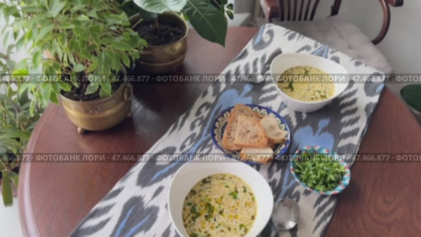 A luxurious creamy mushroom soup garnished with truffle oil  served in a white porcelain bowl. Стоковое видео, видеограф Zita Khasanova / Фотобанк Лори