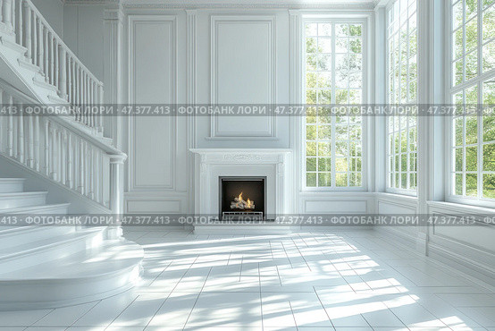 A luxurious, light space with tall floor-to-ceiling windows that let in soft daylight. The interior is done in a classic style: white walls with stucco, a fireplace with a carved portal, marble or glossy tiled floors, and an elegant spiral staircase. In the center of the room is a fireplace with a small burning fire, creating contrast and coziness in this refined, almost museum-like atmosphere. Outside the windows, you can see the greenery of a garden or park, which enhances the feeling of spaciousness and harmony with nature. Стоковое AI-изображение, AI-художник Анна Кривицкая / Фотобанк Лори