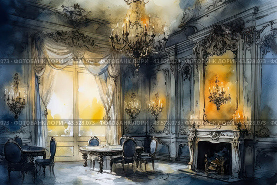 A luxurious room in a classical style, probably a palace or ancient aristocratic drawing room. The room is decorated with magnificent chandeliers and sconces, graceful draped curtains and elegant furniture with carved backs and legs. In the center of the room there are two round tables with several chairs around. To the right is a fireplace decorated with candles. The light entering through the large windows illuminates the room, creating a warm and cozy atmosphere. Стоковое AI-изображение, AI-художник Анна Кривицкая / Фотобанк Лори