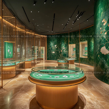A luxury jewelry boutique with an elegant interior. The central elements of the composition are jewelry display cases, located on circular tables with transparent glass covers. The display cases and walls are decorated in green and gold tones, creating a sense of wealth and exclusivity.The green marble background with graceful gold patterns gives the room an aristocratic and sophisticated style. Ceiling lighting highlights the exhibits, emphasizing the shine of precious stones and jewelry. Стоковое AI-изображение, AI-художник Анна Кривицкая / Фотобанк Лори